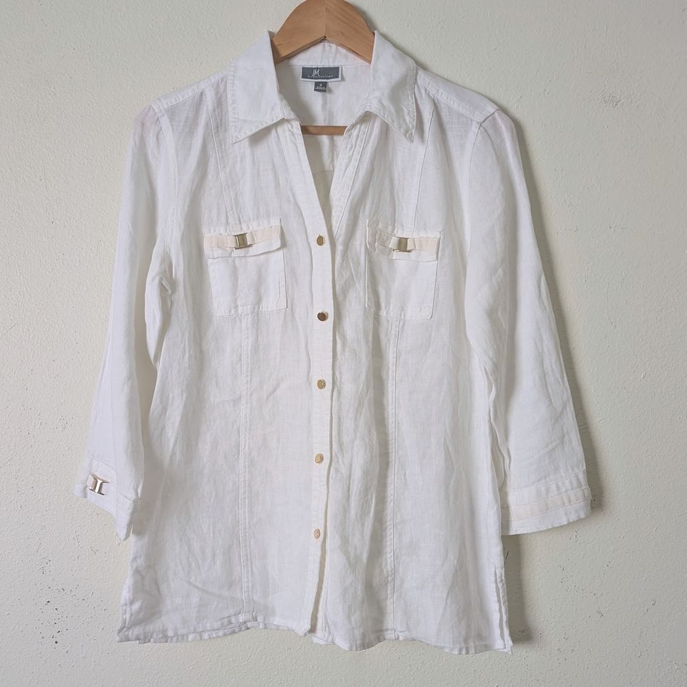 JM Collection Womens White Linen Camp Shirt 3/4 Sleeve Button Front Sz 6 Safari